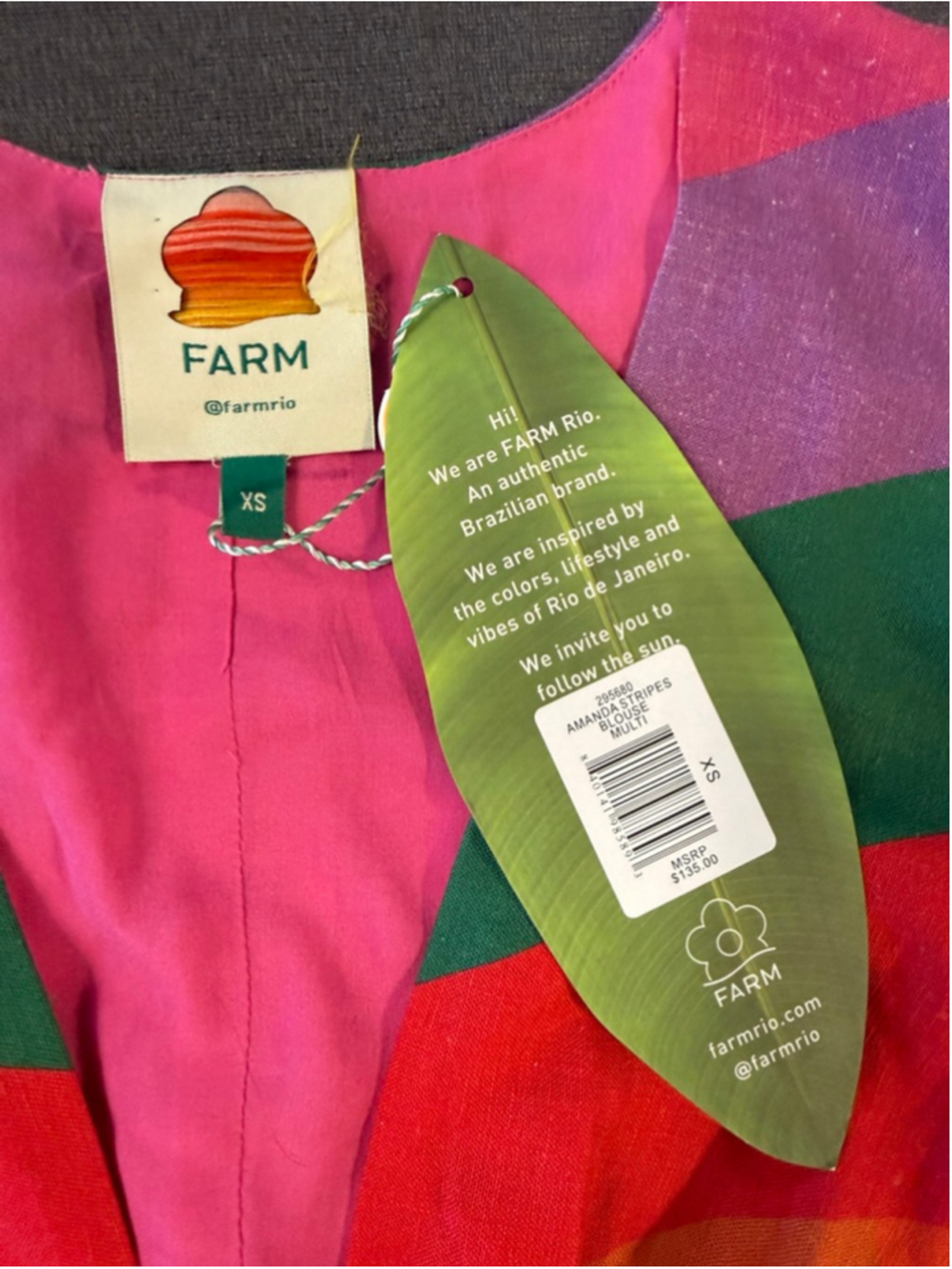 NWT FARM Rio Amanda Stripes Colorful Puff Sleeve Crop Top XS - Picture 8 of 8